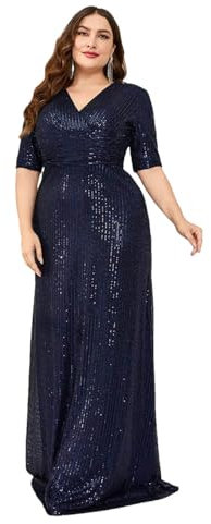 Ornrjfll Plus Size Sequin Evening Dress Women Formal Maxi Prom Short Sleeves Party Mermaid Dress Navy Cocktail Dress Navy Blue 3XL