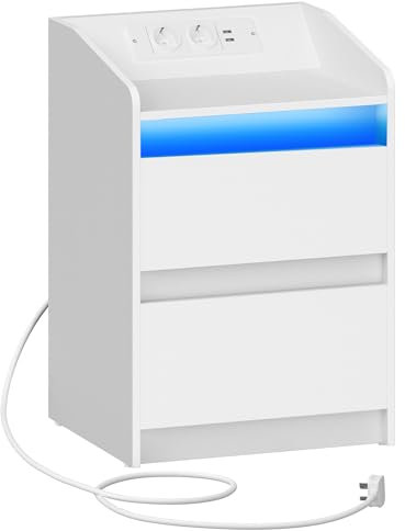 Hzuaneri Tables de Chevet avec lumières LED, Station de Chargement et 2 tiroirs, Table d'appoint avec Ports USB et Prises électriques, pour la Chambre à Coucher, Blanc NS30003X