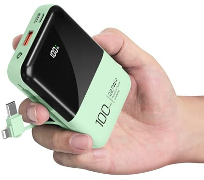 Power Bank 10000mAh with Built in Cables 22.W Mini USB C Battery pack 4 Outputs 2 Inputs with LED Flashlight Type C Portable Charger Compatible with iPhone 15 iPads Tablets and More (Green)