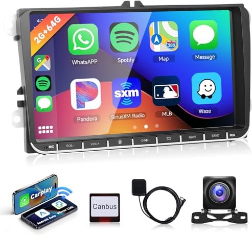 Podofo 2G+64G for VW Passat Tiguan Golf Jetta T5 EOS Polo Skoda Car Stereo with Wireless Carplay Android Auto, 9 Touch Screen Bluetooth Car Radio Support Navigation WiFi FM SWC+Backup Camera