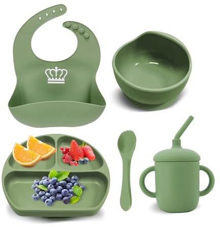 Miracle Baby Lot de 5 Set Vaisselle Silicone Repas Bébé, Assiette avec Ventouse, Bol Antidérapant, Tasse à Paille, Bavoir, Cuillere, Enfant Set Couverts Vaisselle Pour Sevrage Manger (Vert)