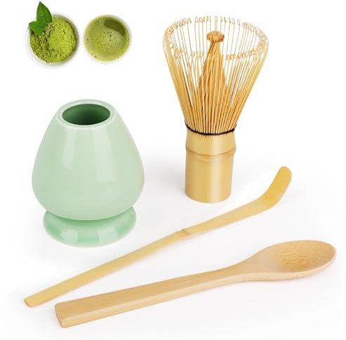 LWMTT 4 Pièces Fouet Matcha Kit, Matcha Kit, Fouet Matcha Bambou 80 Dents, Cuillère Traditionnelle, Support Fouet pour Matcha, Kit Matcha Complet sont Cadeau pour Noël et Anniversaires