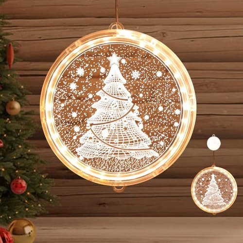 YeahBoom Luz Ventana Navidad LED,Patrón de Navidad de Acrílico 3D,Adornos Navideños Luz Colgante Baterías Cargada para Decoración Ventanas Fiestas Navideñas Interiores Exteriores (Árbol de Navidad)