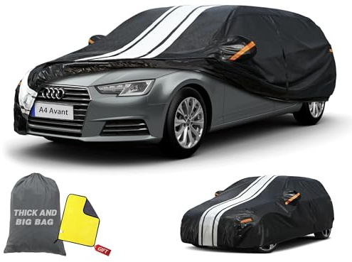 Cowtcver Autoabdeckung Wasserdicht für Audi A4 Avant B6/B7/B8/B9 2004-2026 | 10 Schichten Vollgarage Autoplane Atmungsaktiv für Sonne Staub Schutz, Abdeckplane mit Reißverschluss und Baumwollfutter.