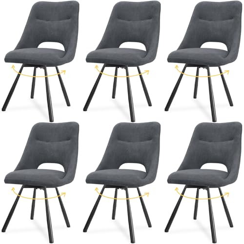 LEWE Esszimmerstühle drehbar 6er Set, Automatisch zurückkehrender Sitz, 180° Drehstuhl, Ergonomischer Polsterstuhl, armlos, Esszimmer Wohnzimmer Schlafzimmer, Kaschmir-Stoff - Dunkelgrau