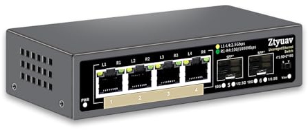 Commutateur Ethernet 2,5 G Non géré à 6 Ports avec 4 Ports RJ-45 Base-T 2,5 G, 2 Ports SFP + 10 G, Vitesse de négociation Automatique 100/1000/2500 Mbps, VLAN à Une Touche, Plug & Play, sans(6)