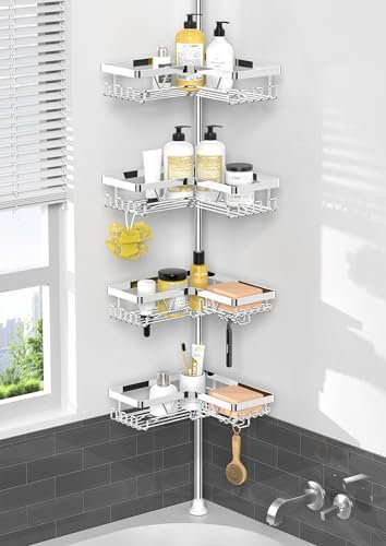 Kegii Teleskop Duschregal Chrom - Duschablage Ohne Bohren Ecke Teleskopregal Bad Shampoo Halterung für Dusche(Eckregal, Organizer Bad, Edelstahl)