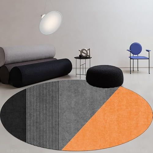 Teppich Rund Schwarz Orange Grau Kurzflor Teppich Wohnzimmer Schlafzimmer,Gemütlich Und Pflegeleicht,Waschbare Anti-Rutsch Badteppich Rund 120Cm