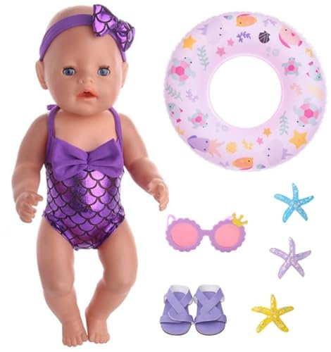 Meerjungfrau Schwimm-Set für 14-18 Zoll Puppen, 8 Stück Baby Puppen Badeanzug Outfits mit Puppenbadeanzug Schwimmring Sonnenbrille Schuhe Seestern Kompatibel mit 35-45cm New Born Baby Schwimmpuppe