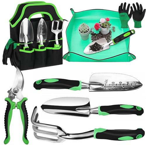 Garden Tools, 7pcs Gardening Hand Tools Set, Lightweight Aluminium Alloy Rust Proof Gift Set with Durable Storage Bag, Ergonomic Anti-slip Handle, Ideal Garden Gifts for Women & Men (Green)