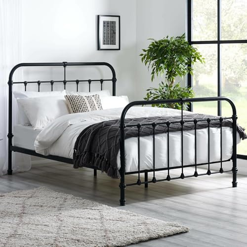 Julian Bowen King Size Bed Frame - Satin Black Metal Bed Base with Slats and Headboard, Industrial Style 150cm 5ft Bed, No Box Spring Needed, Underbed Storage - 120 x 157 x 208.5cm