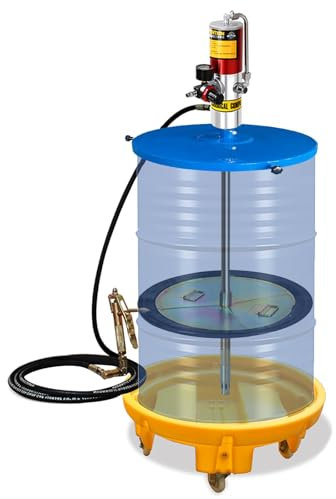 Pompe à graisse pneumatique, couvercle de fût, for fûts de 55 gallons, tuyau de 16 pi, vanne de régulation, base roulante, capacité de poids de 770 lb