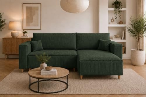 MARPUR Ecksofa mit Schlaffunktion & Bettkasten – Cord Gruen – 249x142 cm – Eckcouch L-Form – Schlafsofa Wohnlandschaft – Ottomane Universal – Couch