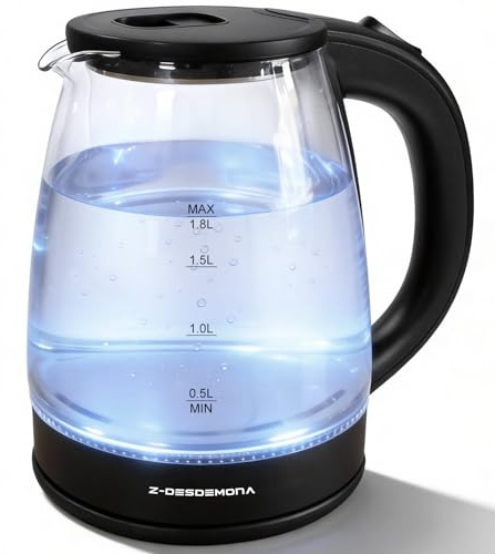 3000W Electric Kettle, 1.8L Large Capacity Electric Tea Kettle, features automatic shut-off, boil-dry protection, 360° swivel storage base, 304 stainless steel bottom, BPA-free, borosilicate glass