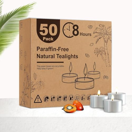 Ashlux Teelichter 50 Stück – Palmölwachs, 8 Std., weiß | paraffinfrei, rußfrei & tropffrei – ideal für Hochzeit, Party, Abendessen & Meditation