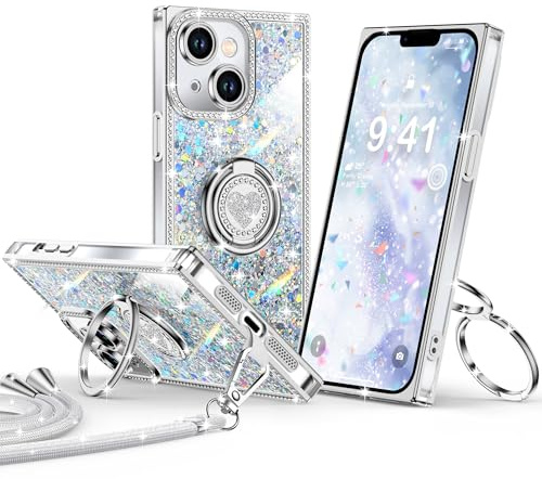 XYZ for iPhone 13 Case, Glitter Bling Phone Cover with Stand | 2-Ring Heart Kickstand & Lanyard, Luxury Rhinestone, Shockproof Protective Case para Women Girls, Silver