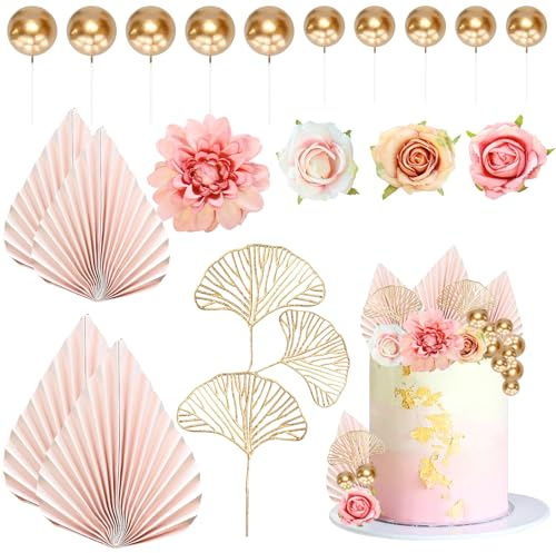 Decorazioni Torta Boho 19 Pezzi Cake Topper Bohemien Decorazioni per Torte Rosa Include Leaves, Palline Oro, Fiori per Compleanni, Matrimoni, Battesimi, Anniversari (Rosa)