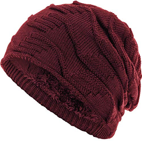 Compagno Mütze warm gefütterte Wintermütze Elegantes Strickmuster Beanie Einheitsgröße, Farbe:Dunkelrot