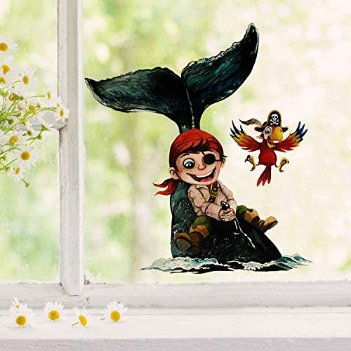 Fensterbild Pirat Piratenjunge auf Wal Fisch & Papagei -wiederverwendbar- Fensterdeko Fensterbilder Deko Dekoration bf68 ilka parey wandtattoo-welt®