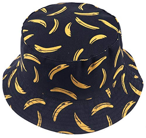 Damen Obst Drucken Reversibel Eimer Hüte Herren Sonne Fischer Draußen Mütze (Banane-Schwarz)