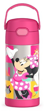 THERMOS FUNTAINER - Botella de agua con pajilla, 12 onzas, botella de agua de acero inoxidable aislada al vacío para niños, con tapa, diseño de Minnie preescolar