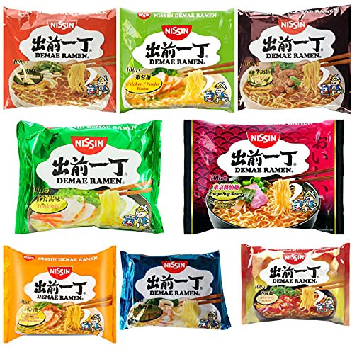 Nissin Demae Instant Noodles Ramen 8 PAQUETES MEZCLADOS - Tonkotsu, pollo, ternera, mariscos, sésamo picante, gambas, salsa de soja, pollo con ajo (100 g)