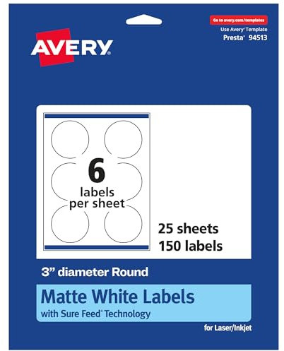 Avery Runde Etiketten mit sicherem Einzug, 7,6 cm Durchmesser, matt, weiß, 150 Stück