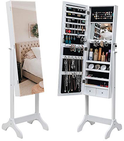 MiXXAR Étagère 4 Couches sur Pied en Bois Miroir Complet avec Miroir intérieur 2 tiroirs Rangement Bijoux Armoire Miroir réglable-Blanc