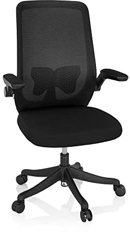 hjh OFFICE 830106 Bürostuhl mit klappbaren Armlehnen Miko B Stoff Schreibtischstuhl mit Lordosenstütze und Netzrücken, Schwarz