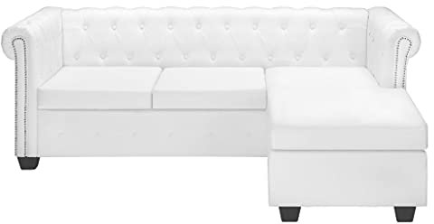 Susany Chesterfield L-Sofa, L-Form, Schlafsofa, Schlafcouch, Couch, Sofagarnitur, Loungesofa, Polstersofa, Wohnlandschaft, Ecksofa, Eckcouch mit Schlaffunktion, Kunstleder, Weiß, Mittelgroß