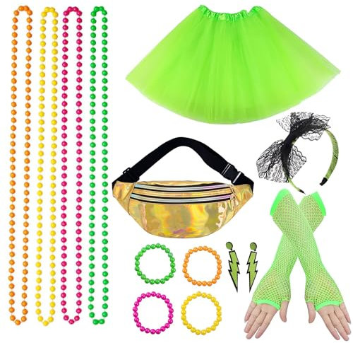 80er Kostüme für Frauen Mädchen Erwachsene, Party Kleid Mottoparty kostüm 80 Jahre Kostüm Zubehör mit Tutu Röcke Blitz Ohrringe Stirnband Fischnetz Handschuhe Halskette Perlen für 1980 Party kostüm