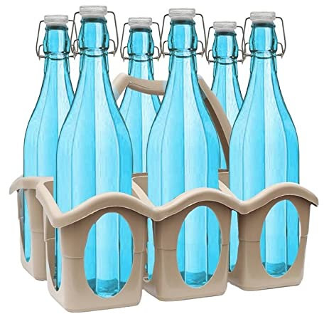 MAURY'S IL NUMERO UNO DEL RISPARMIO SET PORTA BOTTIGLIE IN PLASTICA + 6 BOTTIGLIE IN VETRO DA 1 LITRO (Wilma Turquoise)