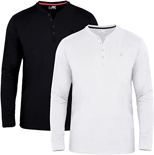 JRC 2 Pack Mens Long Sleeve Henley Shirts, Lightweight Henley Tops for Gym, Running & Casual Outings (Black & White, XL)