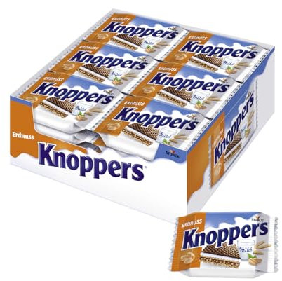 Knoppers Erdnuss – 24 x 25g – Gefüllte Waffelschnitte mit Erdnusscreme, feinsalzigen Erdnussstückchen und leckerer Milchcreme