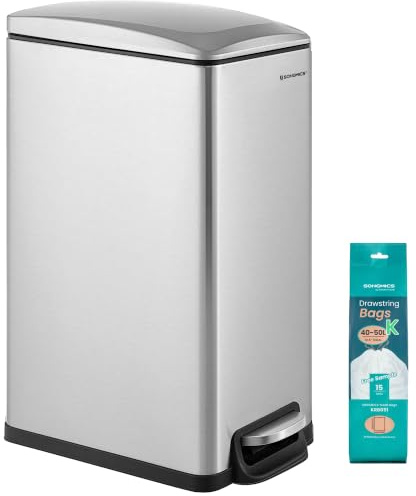 SONGMICS Slim Trash Can, 13-Gallon (50 L) Garbage Can for Narrow Spaces with Soft-Close Lid, Inner Bucket, and Step-on Pedal, Stainless Steel, 15 Trash Bags Included, Silver ULTB510E48