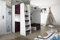 Marlux-Meble Hochbett JSM-7 90x200 TREPPE Links mit Schreibtisch Schränke und Ausklappbares Sofa 70x180 Hochglanz Funktionsbett Etagenbett Stockbett Kinderhochbett Jugendhochbett (Violett Glanz)