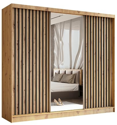 Margaret Hadas24 Kleiderschrank Erika mit Lamellen und Spiegel, Organizer, Mehrzweckschrank, Schwebetürenschrank, Garderobenschrank, Kleiderstange, Kleiderständer, Flurschrank, 240 cm, braun, schwarz