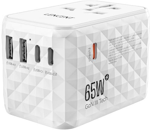 LENCENT Adaptateur de Voyage Universel 65W avec 2 USB-A et 3 USB-C, Charge Rapide pour téléphone, Ordinateur Portable, Adaptateur de Prise de Voyage International pour UK, EU, AU, US, Blanc