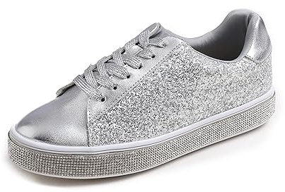 Feversole Mode Funkeln Plattform Strass Party Urlaub Hochzeit Turnschuhe EIS Silber 36