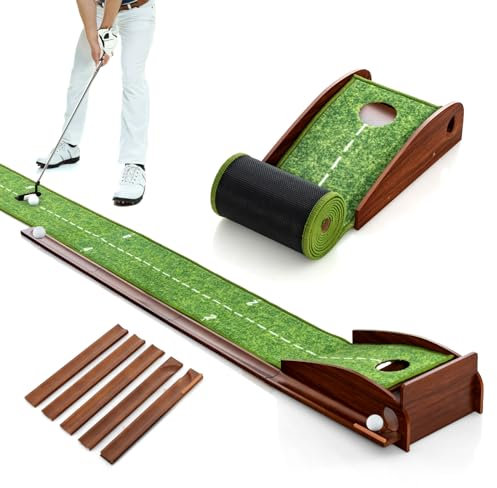 COSTWAY Tapis de Putting Entraînement Golf de 274 cm, Golf Putting Piste de Retour Automatique de Balle avec 1 Trou Ligne Directrice, 3 Balles de Golf pour Intérieur/Extérieur