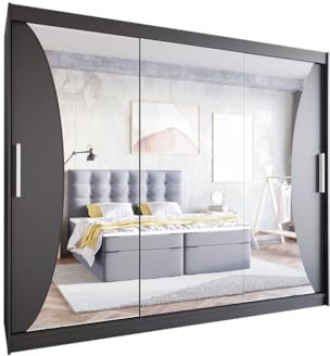 Easy4You LIV 250 cm Schwarz Schiebetüren Kleiderschrank 250x215x58 cm mit Spiegel - Schlafzimmermöbel, Aufbewahrung - Mehrzweckschrank