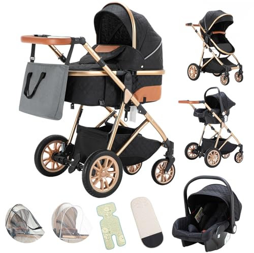Gcarebb Kinderwagen 3 in 1, Kinderwagen Buggy Mit Auto Babyschale, Mit Höhenverstellbarer Kinderwagen Komplettset, KombiKinderwagen Mit Aluminiumrahmen für Neugeborene 0 bis 3 Jahre (Schwarz)