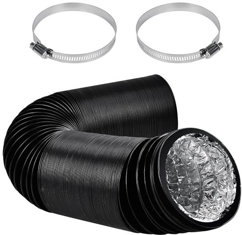 100mm Abluftrohr, 5m PVC Abluftschlauch, Schwarz Flex-Schlauch Abluftschlauch mit 2 Schlauchschelle Edelstahl für Mobile Klimaanlage, Trockner, Abluftventilator, Belüftungssystem