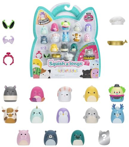Squish-a-longs Confezione da 14 - Serie 1, Wave 2 - (14) Mini-Squish da 2,5 cm con (4) Accessori, (1) Attacco ad anello e (1) Guida per collezionisti - Colleziona, commercia e gioca