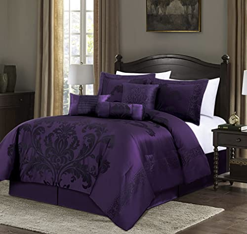 Chezmoi Collection Royale 7-teiliges Jacquard-Bettwäsche-Set mit Blumenmuster, Übergroß King-Size, Violett/Dunkelviolett