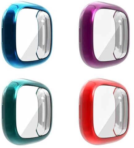 4 Stück Hülle mit Displayschutz Kompatibel mit Fitbit Versa 3/Sense, Glas Ultradünne TPU Rundum Weiche Schutzhülle für Fitbit Versa 3/Sense, Z-Rot/Blau/Grün/Lila