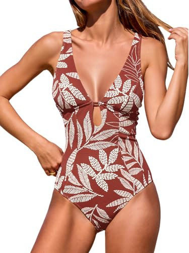 CUPSHE Damen Badeanzug V Ausschnitt Schlüsselloch Cutouts Tiefer rücken Ringdetail Strukturierte Einteilige Bademode Swimsuit Braun/Tropisch M
