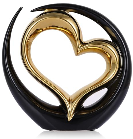 LCCCK Schwarz und Gold Home Decor Porzellan Herz Dekor – für Wohnzimmer, Eingang, Kaffee, Esstisch, Regale, Hochzeit, für Paare & Liebhaber, Herz-Skulptur Kunst