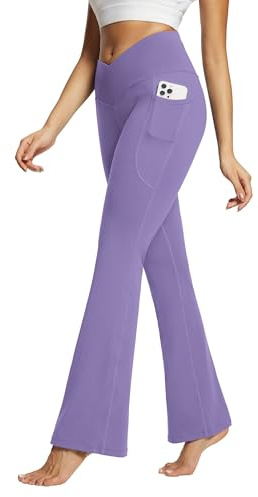 baleaf Women's Flared Leggings Yoga Pants with Pockets Bootcut Trousers Crossover High Waisted Workout Purple 32 XXL