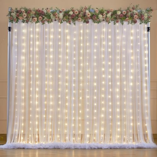 Weißer Tüllvorhang mit Lichterschnur für Hochzeit, Brautparty, Dekoration, faltenfrei, durchsichtige Tüllvorhänge für Party, Babyparty, Fotohintergrund, 3 x 3 m